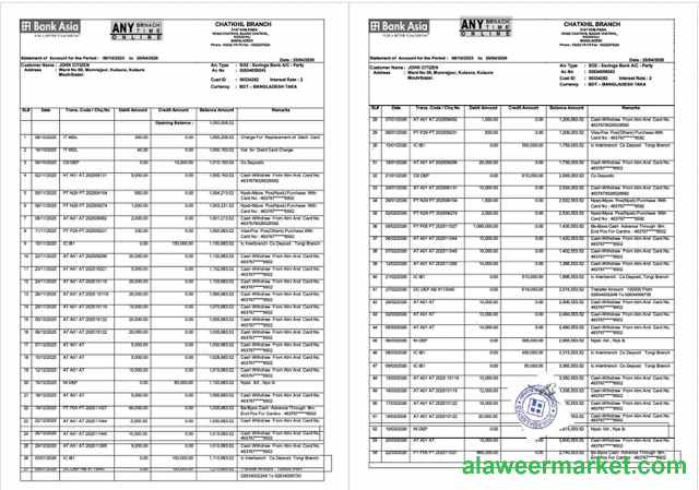 Bangladesh Bank Asia PLC statement of account Word and PDF template, 2 pages